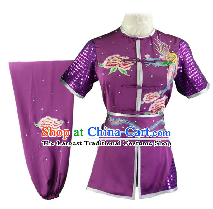 Chinese Martial Arts Embroidered Phoenix Peony Purple Outfits Kungfu Wushu Clothing Chang Boxing Competition Garment Costumes