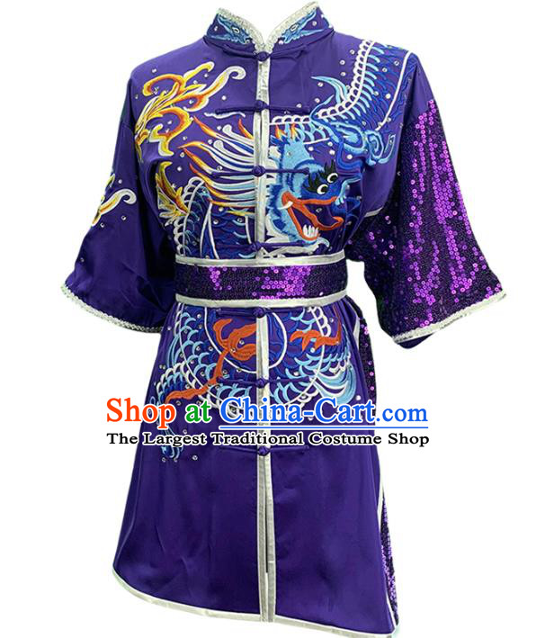 Top China Kung Fu Embroidered Dragon Purple Uniforms Wushu Performance Garment Costumes Martial Arts Competition Clothing