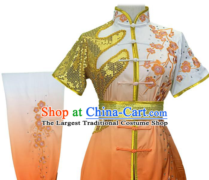 China Wushu Competition Garment Costume Woman Kung Fu Clothing Martial Arts Embroidered Plum Gradient Orange Uniforms