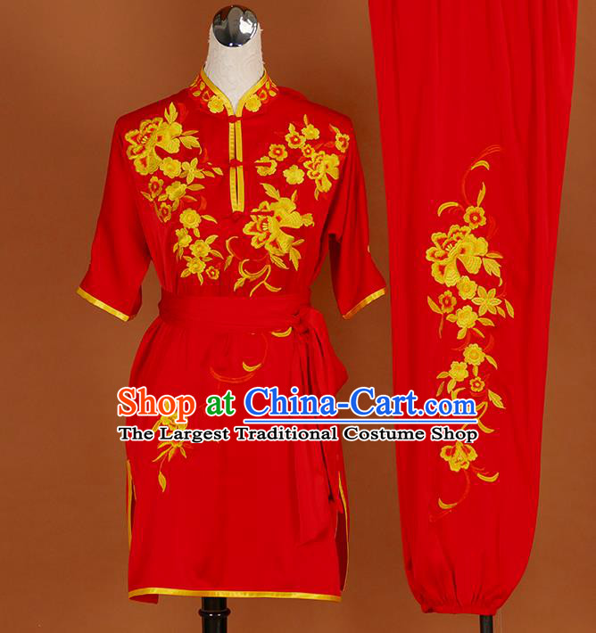 Chinese Martial Arts Short Sleeve Outfits Wushu Competition Garment Costume Kung Fu Tai Chi Performance Red Suits