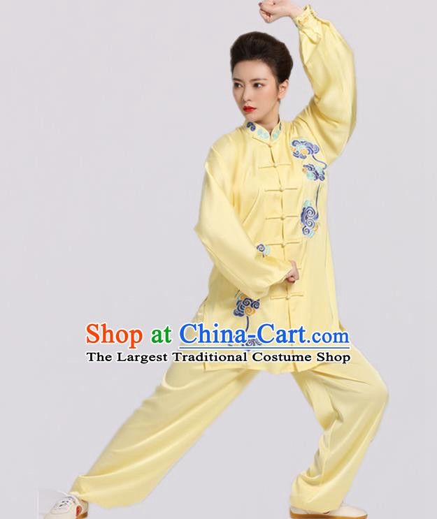 Chinese Martial Arts Embroidered Clouds Outfits Kung Fu Tai Ji Training Clothing Tai Chi Competition Yellow Suits