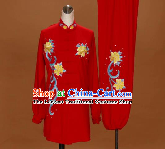 Chinese Martial Arts Embroidered Peony Outfits Kung Fu Wushu Competition Clothing Tai Chi Performance Red Suits