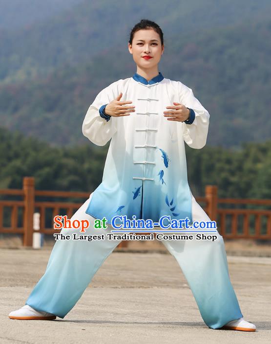 Chinese Tai Chi Group Performance Clothing Martial Arts Competition Garment Kung Fu Printing Fish Suits Tai Ji Chuan Gradient Blue Outfits