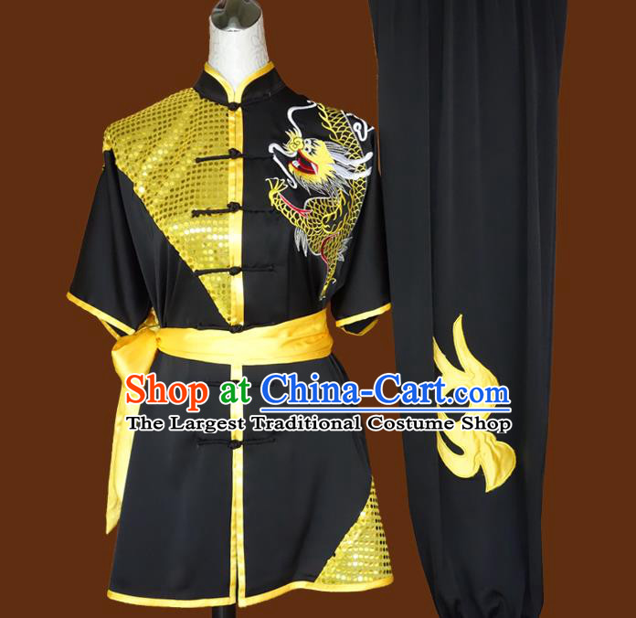 China Nanquan Boxing Training Black Suits Kung Fu Uniforms Wushu Kongfu Sequins Garment Costumes