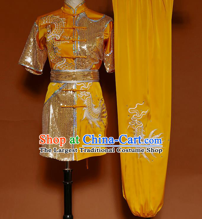 China Wu Shu Chang Boxing Golden Sequins Suits Kung Fu Competition Uniforms Martial Arts Embroidered Garment Costumes