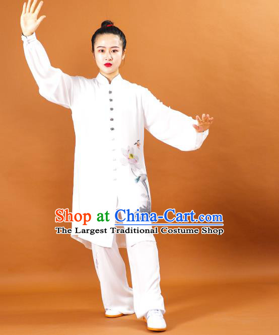 China Kung Fu Performance White Outfits Martial Arts Tai Ji Competition Suits Tai Chi Training Painting Lotus Clothing