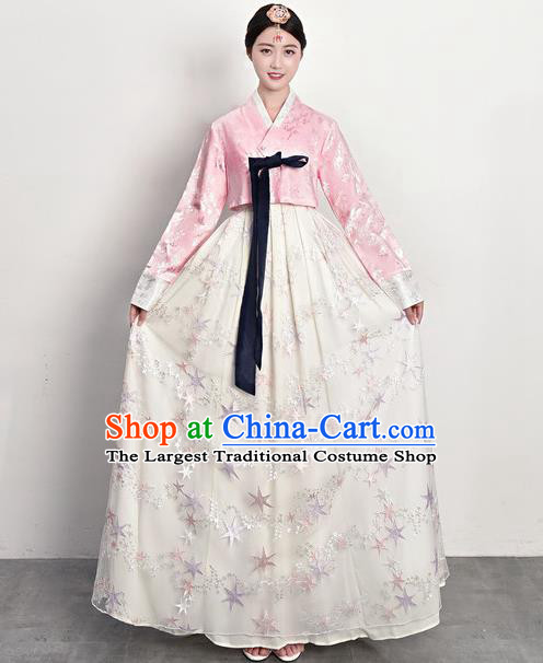 Korean Court Dress Ancient Korea Female Garment Costumes Traditional Asian Palace Princess Pink Blouse and White Dress Outfits