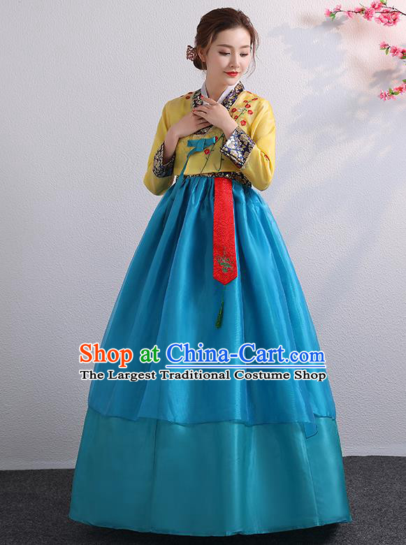 Asian Korea Bride Dress Ancient Court Garment Costumes Korean Palace Princess Embroidered Yellow Blouse and Blue Dress Traditional Wedding Outfits