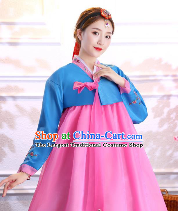 Korea Traditional Hanbok Embroidered Blue Blouse and Rosy Dress Asian Korean Court Uniforms Ancient Princess Clothing