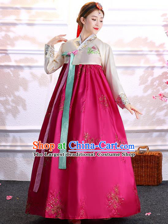 Asian Classical Dance Embroidered White Blouse and Rosy Dress Traditional Hanbok Korean Court Bride Fashion Garments Korea Wedding Clothing