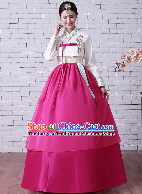 Korean Court Hanbok Traditional Bride Fashion Garments Korea Wedding Clothing Asian Classical Embroidered White Blouse and Rosy Dress