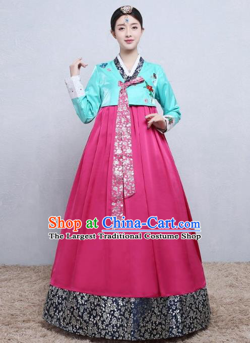 Korea Wedding Clothing Korean Classical Dance Blue Blouse and Rosy Dress Court Tangyi Hanbok Traditional Bride Fashion Garments