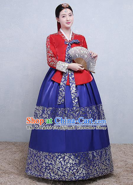 Korean Classical Dance Red Blouse and Royalblue Dress Korea Court Tangyi Hanbok Traditional Bride Fashion Garments Wedding Clothing