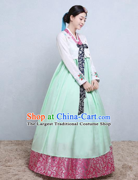 Korean Traditional Bride Fashion Garments Wedding Clothing Classical Dance White Blouse and Green Dress Korea Court Tangyi Hanbok