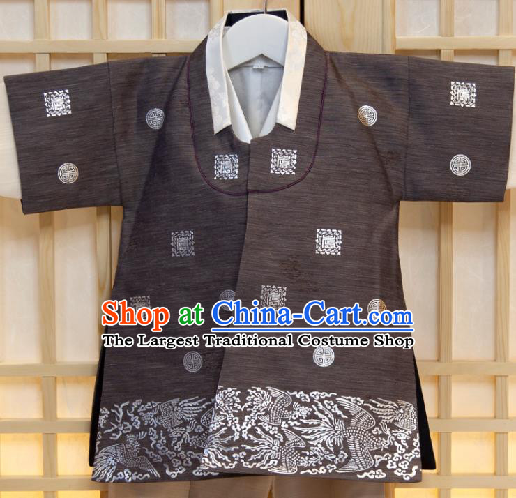 Korean Boys Prince Birthday Hanbok Korea Traditional Fashion Clothing Grey Vest Beige Shirt and Pants Children Garment Costumes