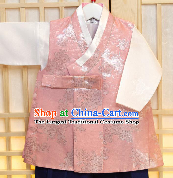 Korean Children Pink Vest White Shirt and Navy Pants Korea Traditional Garment Costumes Boys Prince Birthday Fashion Hanbok Clothing
