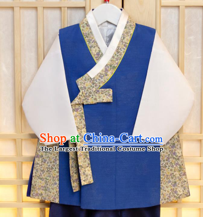 Korea Traditional Garment Costumes Korean Boys Prince Birthday Fashion Hanbok Clothing Children Blue Vest White Shirt and Navy Pants