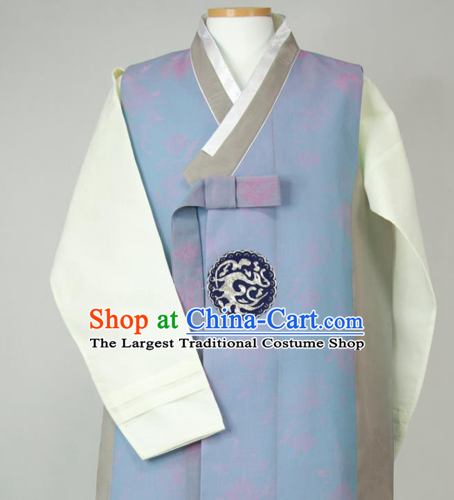Korean Hanbok Young Male Blue Long Vest Beige Shirt and Grey Pants Traditional Costumes Korea Classical Wedding Bridegroom Clothing