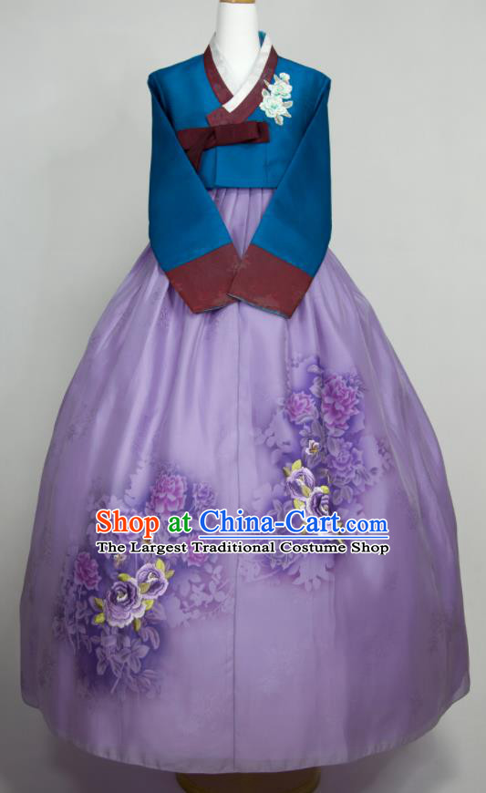 Korean Wedding Bride Mother Fashion Costumes Traditional Festival Clothing Elderly Woman Hanbok Blue Blouse and Purple Dress