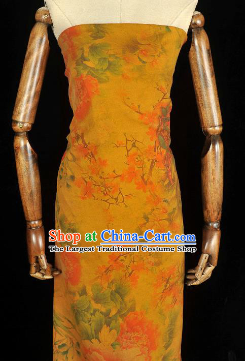 Chinese Traditional Rich Peony Pattern DIY Dress Fabric Yellow Gambiered Guangdong Gauze Cheongsam Silk Cloth