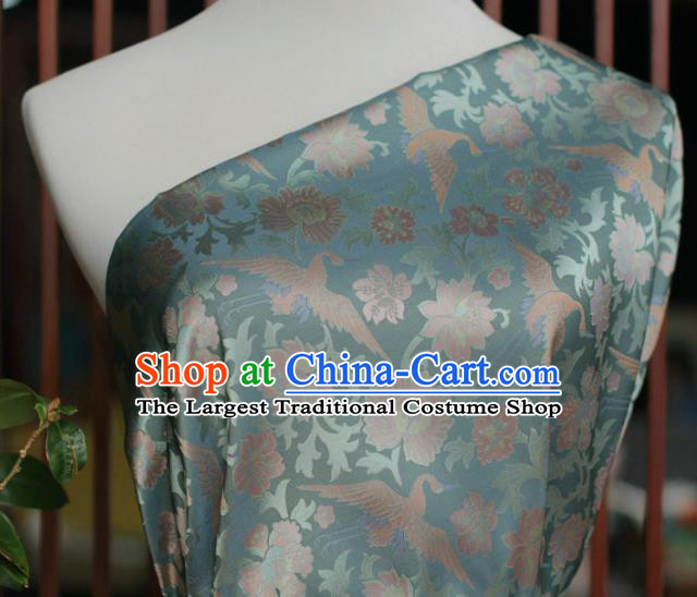 Chinese Traditional Cheongsam Jacquard Drapery Silk Fabric Classical Crane Peony Pattern Brocade Blue Satin Cloth