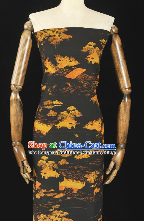 Chinese Cheongsam Silk Cloth Black Gambiered Guangdong Gauze Traditional Landscape Pattern Dress Fabric