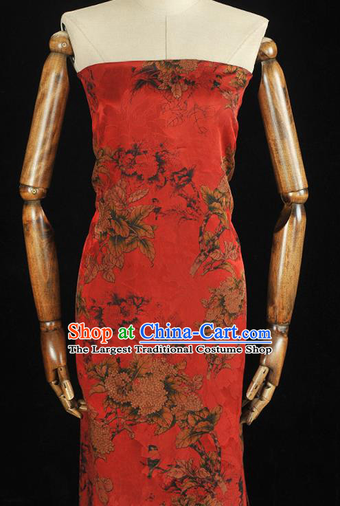 Top Chinese Cheongsam Silk Fabric Classical Hydrangea Pattern Red Gambiered Guangdong Gauze Traditional Jacquard Satin Cloth