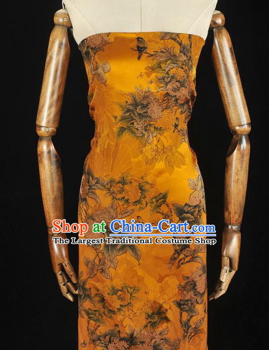 Top Chinese Classical Hydrangea Pattern Yellow Gambiered Guangdong Gauze Traditional Jacquard Satin Cloth Cheongsam Silk Fabric