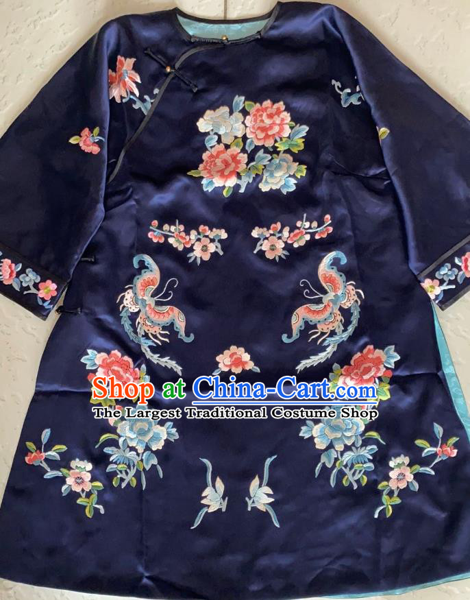 China Traditional Navy Silk Coat National Embroidered Butterfly Peony Jacket Tang Suit Outer Garment