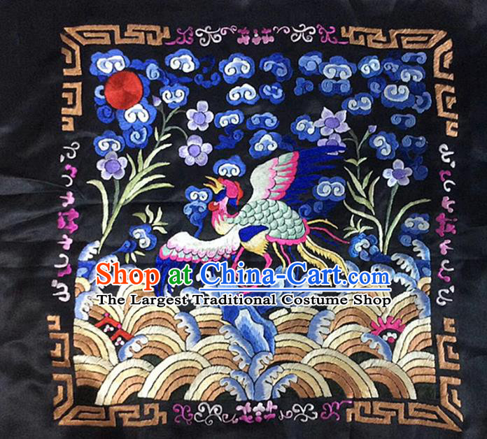 Chinese Traditional Qing Dynasty Embroidered Cloth Patch Hand Embroidery Crane Black Silk Applique Craft