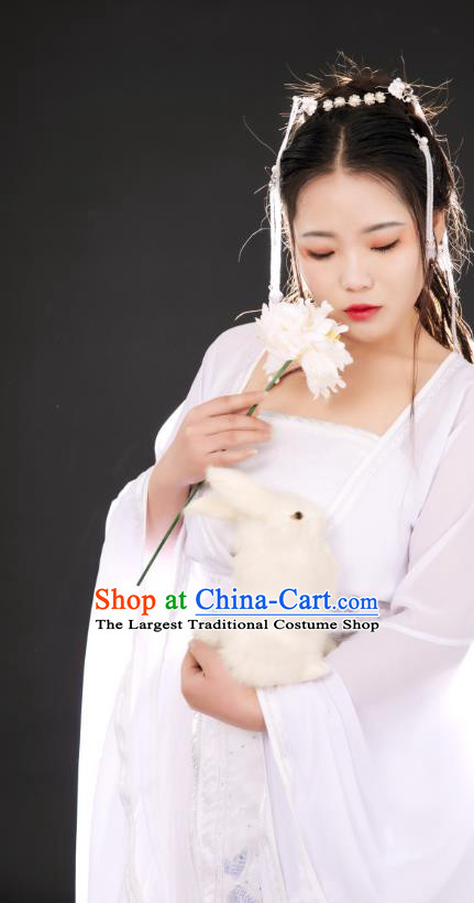 China Ancient Fairy Goddess White Hanfu Dress Garments Traditional Cosplay Tang Dynasty Princess Clothing