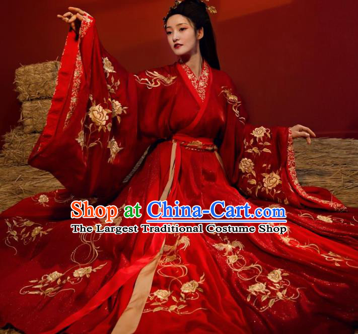 China Traditional Jin Dynasty Court Princess Wedding Historical Clothing Ancient Palace Lady Red Hanfu Dress Garments