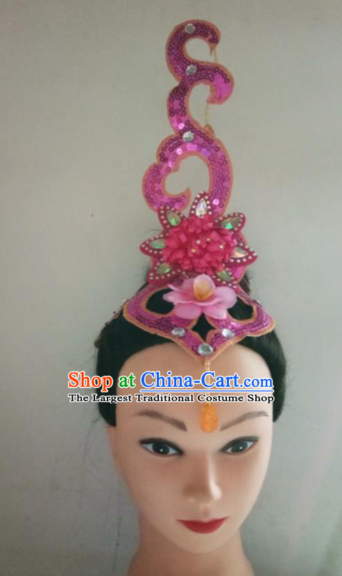 China Folk Dance Yangko Purple Sequins Hair Crown Woman Group Dance Hair Accessories Traditional Fan Dance Headdress