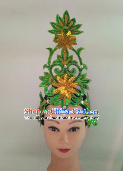 China Traditional Stage Performance Green Sequins Headpiece Folk Dance Headwear Fan Dance Hair Stick Woman Group Dance Hair Accessories