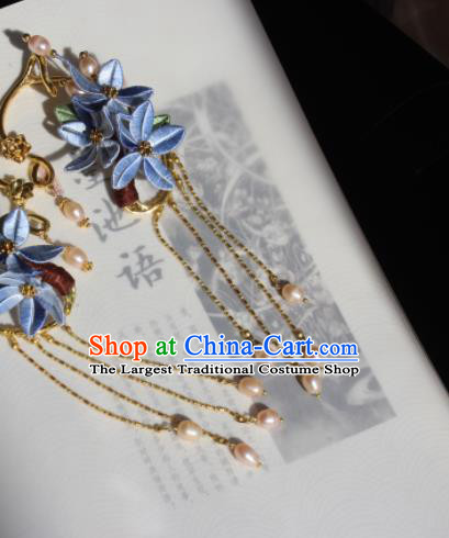 Handmade Chinese Ming Dynasty Princess Blue Silk Flowers Ear Accessories Ancient Palace Lady Pearls Tassel Earrings