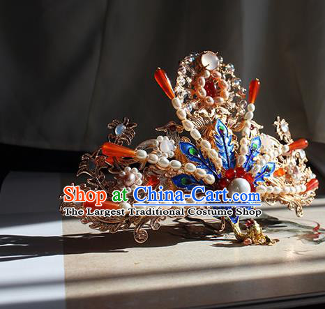 China Ming Dynasty Empress Blueing Phoenix Hairpin Traditional Hanfu Wedding Hair Accessories Ancient Queen Pearls Hair Crown