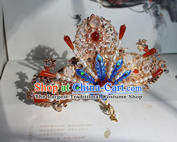 China Ming Dynasty Empress Blueing Phoenix Hairpin Traditional Hanfu Wedding Hair Accessories Ancient Queen Pearls Hair Crown