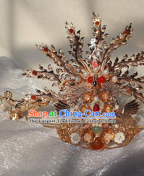 China Ming Dynasty Empress Phoenix Coronet Traditional Hanfu Wedding Hair Accessories Ancient Bride Golden Hair Crown