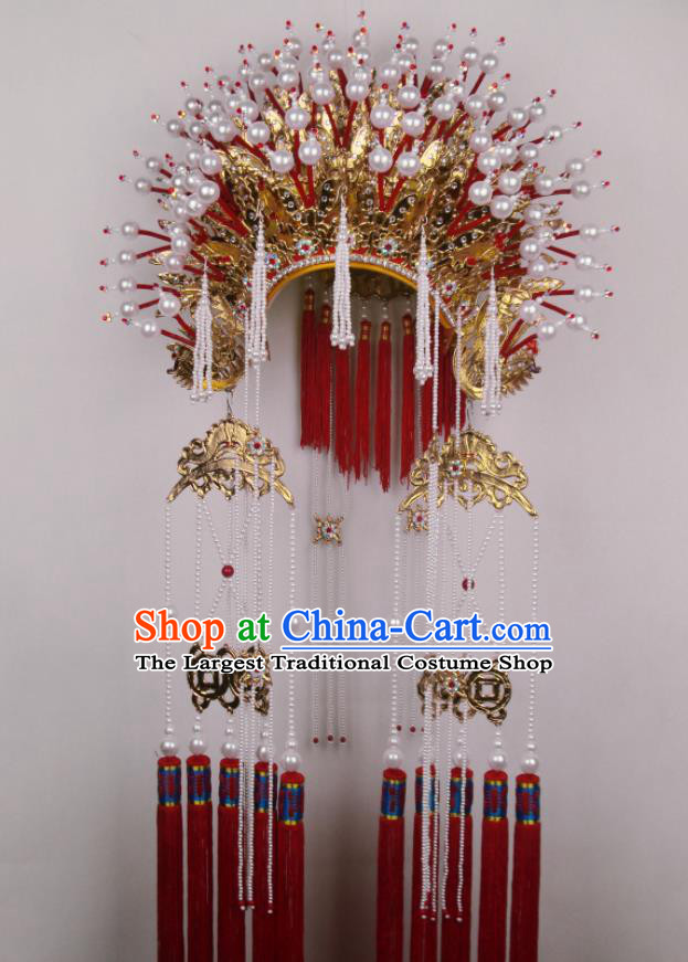 Chinese Beijing Opera Empress Golden Hat Traditional Opera Imperial Consort Pearls Phoenix Coronet Peking Opera Hua Tan Headdress