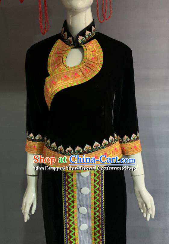Chinese Minority Folk Dance Black Dress Uniforms Yunnan Ethnic Woman Garment Costume Lisu Nationality Dance Clothing