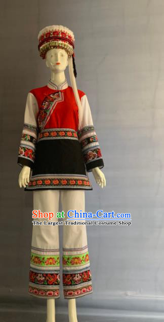 Chinese Bai Nationality Country Woman Clothing Minority Folk Dance Dress Uniforms Yunnan Ethnic Female Garment Costume and Headwear