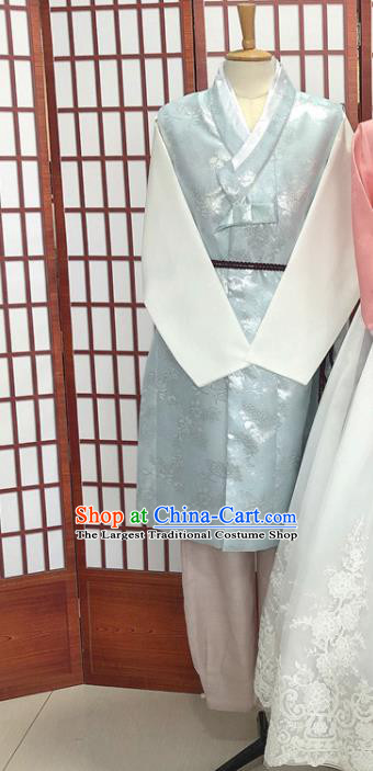 Korean Young Man Blue Vest Beige Shirt and Khaki Pants Traditional Bridegroom Costumes Korea Festival Clothing Wedding Hanbok