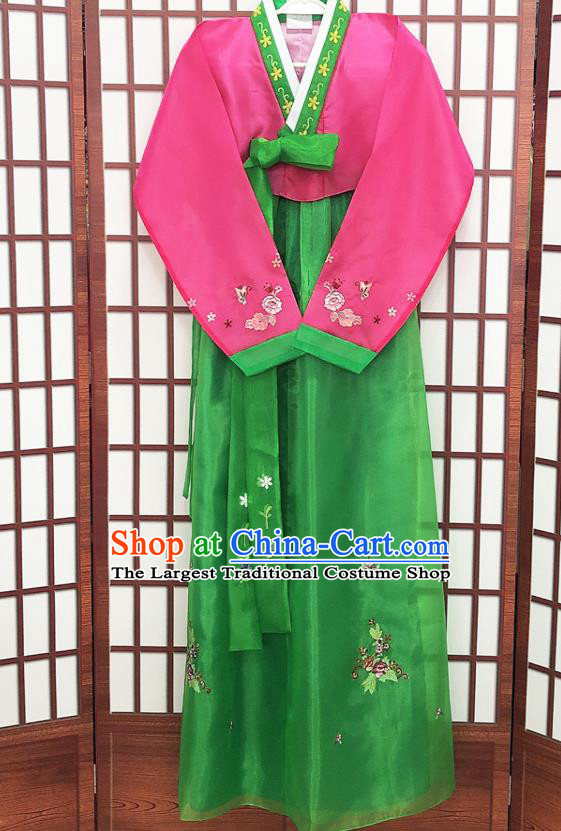 Korean Bride Garments Court Fashion Clothing Wedding Rosy Blouse and Green Dress Traditional Hanbok Costume