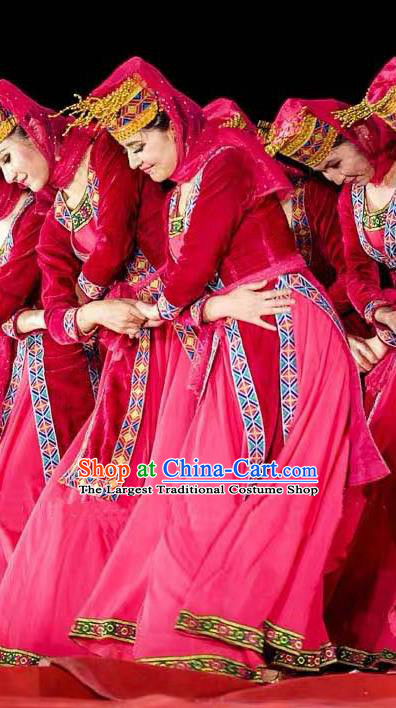 Chinese Tajik Nationality Bride Clothing Tayikos Minority Folk Dance Rosy Velvet Dress Uniforms Xinjiang Ethnic Performance Garment Costumes and Headwear