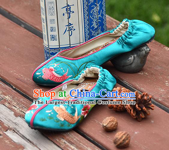 China Handmade Satin Shoes Woman Green Brocade Shoes National Folk Dance Shoes Embroidered Lotus Fish Shoes