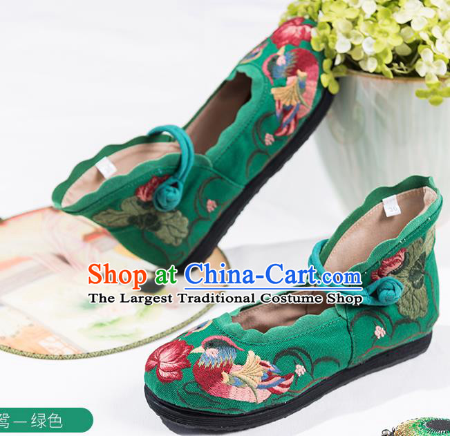 China Folk Dance Green Canvas Shoes National Female Shoes Embroidered Mandarin Duck Lotus Shoes Handmade Old Beijing Cloth Shoes