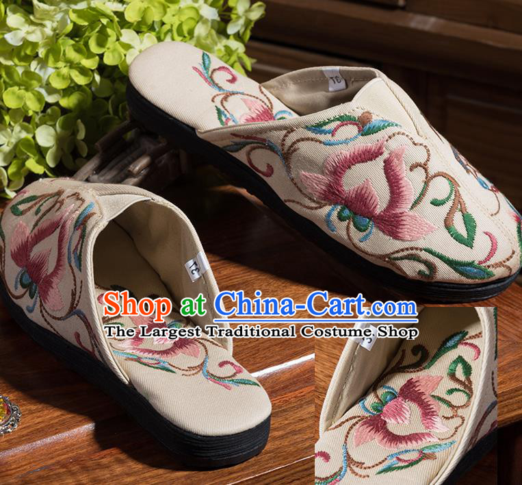 China Folk Dance Shoes National Beige Flax Sandals Embroidered Lotus Shoes Handmade Woman Cloth Shoes