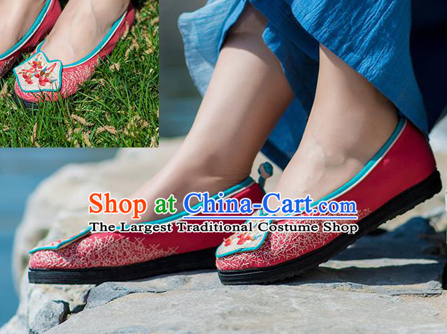 China Embroidered Bamboo Shoes Handmade Old Beijing Cloth Shoes Folk Dance Shoes National Woman Rosy Flax Shoes