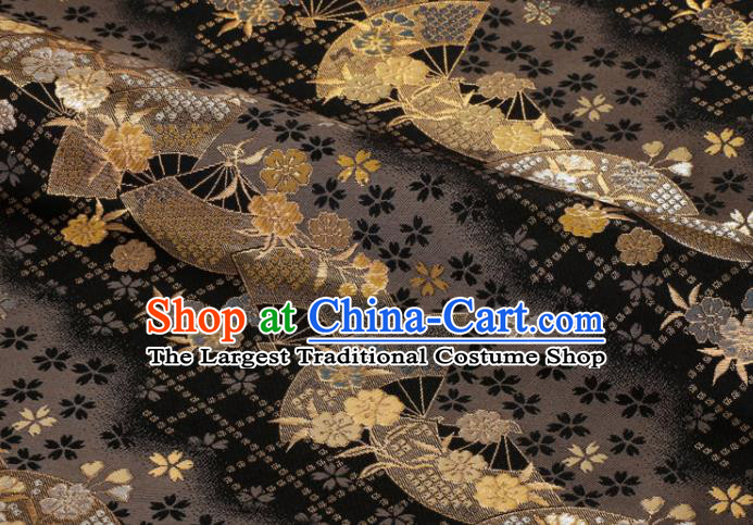 Japanese Kimono Black Brocade Nishijin Tapestry Satin Classical Sakura Fan Pattern Damask Traditional Cloth Fabric