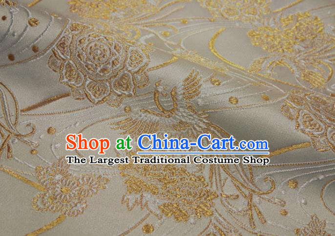 Japanese Nishijin Tapestry Fabric Classical Damask Drapery Traditional Phoenix Pattern White Brocade Kimono Satin Cloth